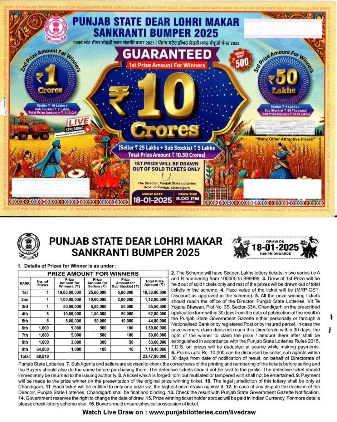 Punjab State Lottery 10 Crore Lottery Ticket